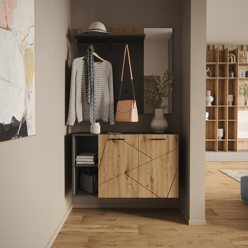 Vicco Armadio da ingresso Antracite/Artisan 106 x 63 cm Set con scarpiera e appendiabiti a muro con specchio
