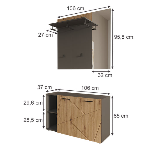 Vicco Armadio da ingresso Antracite/Artisan 106 x 63 cm Set con scarpiera e appendiabiti a muro con specchio
