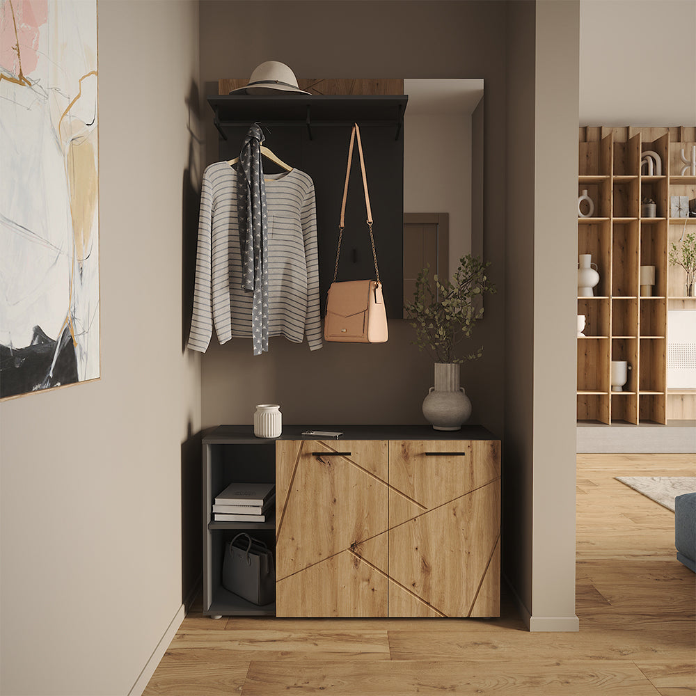 Vicco Armadio da ingresso Antracite/Artisan 106 x 63 cm Set con scarpiera e appendiabiti a muro con specchio