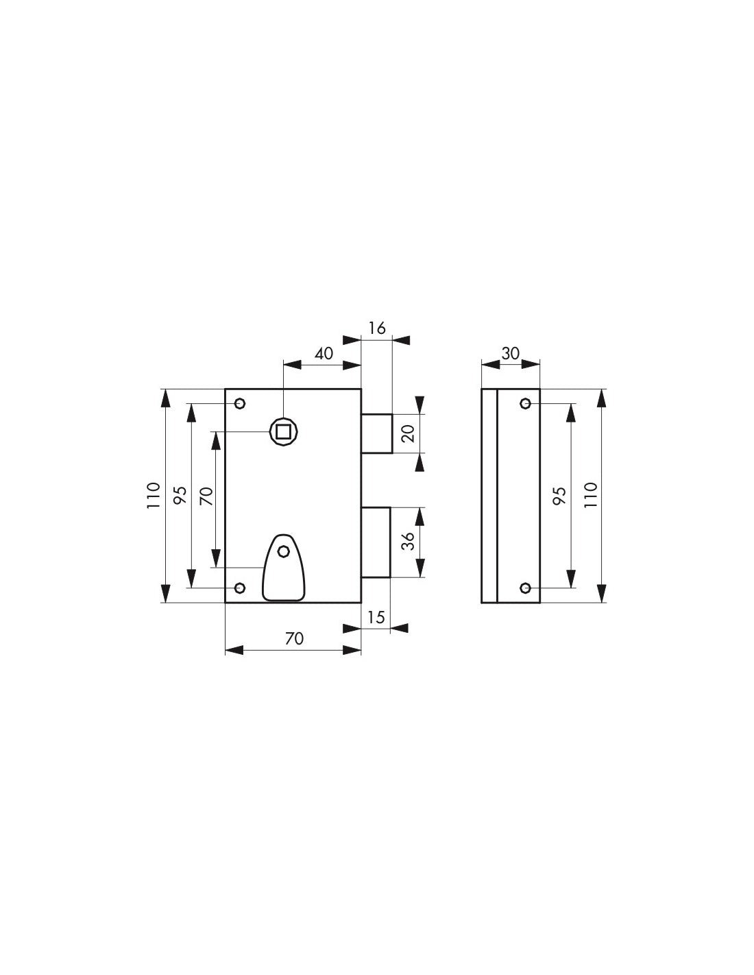 Serratura da applicare quadro maniglia 7mm, destra, incontro incassabile, asse 40mm, 110x70mm, nero, 2 chiavi - THIRARD