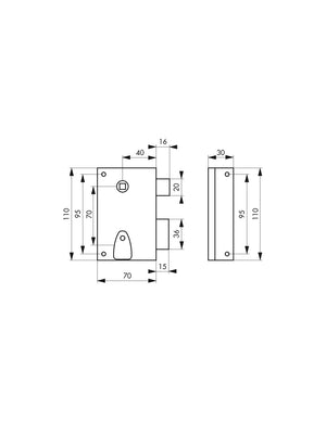 Serratura da applicare quadro maniglia 7mm, destra, incontro incassabile, asse 40mm, 110x70mm, nero, 2 chiavi - THIRARD