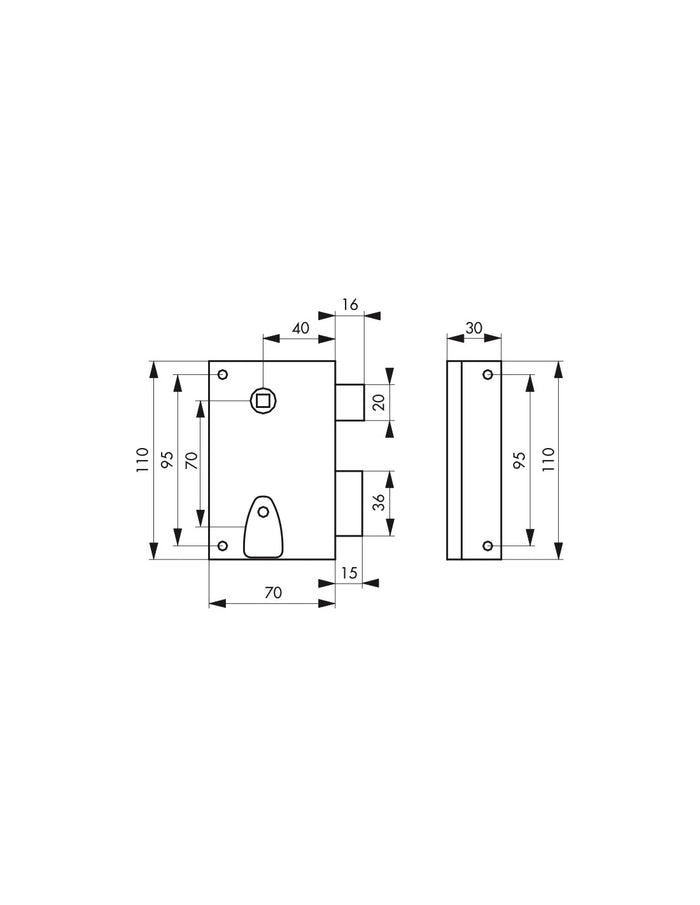 Serratura da applicare quadro maniglia 7mm, destra, incontro incassabile, asse 40mm, 110x70mm, nero, 2 chiavi - THIRARD
