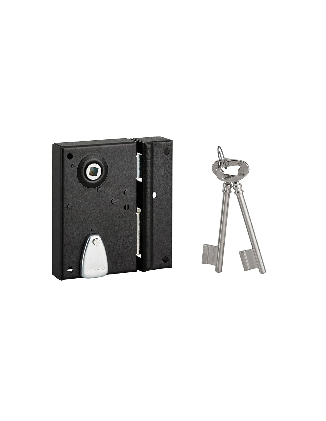 Serratura da applicare quadro maniglia 7mm, destra, incontro incassabile, asse 40mm, 110x70mm, nero, 2 chiavi - THIRARD