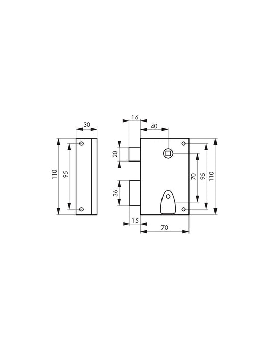 Serratura da applicare, quadro maniglia 7mm, sinistra, incontro incassabile, asse 40mm, 110x70mm, nero, 2 chiavi - THIRARD
