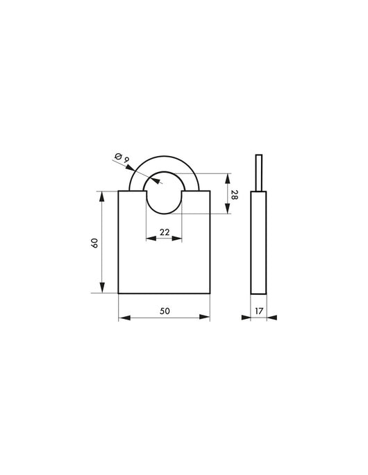 Lucchetto shoulder 50 mm, ottone massiccio, guardia alta, 2 chiavi - THIRARD