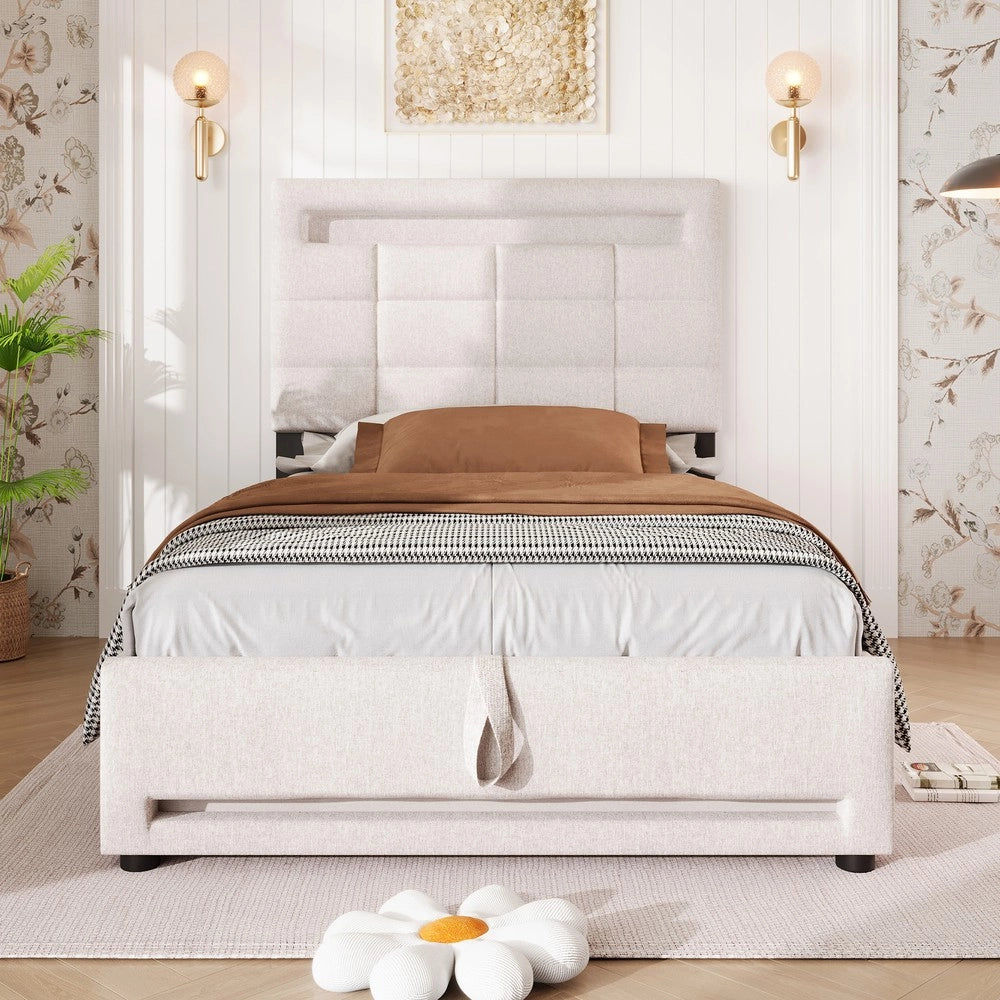 Letto Imbottito con LED e Contenitore Idraulico ¨C MINIMAL ¨C Lino Beige 90x200