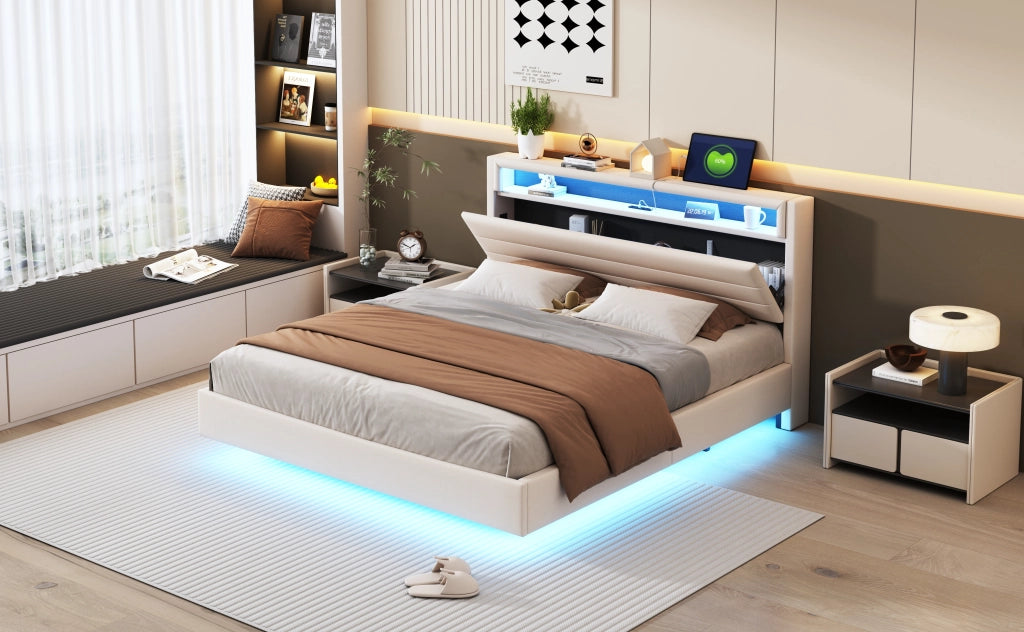 Letto matrimoniale – 160x200 cm – USB LED testiera reversibile – lino beige