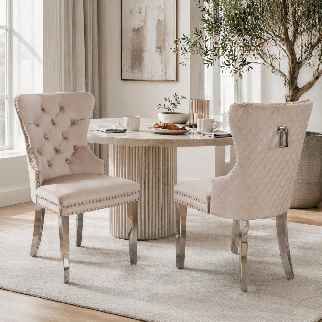 SEDIA da pranzo in velluto beige con struttura in legno massello e gambe in metallo