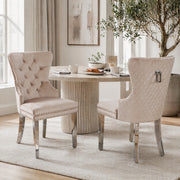 SEDIA da pranzo in velluto beige con struttura in legno massello e gambe in metallo