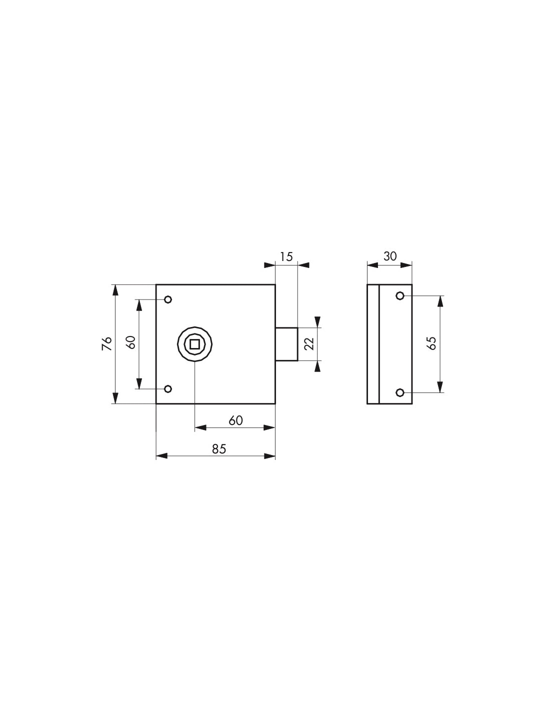 Serratura orizzontale da applicare con quadro maniglia 6mm, richiamo scrocco 1/2 giro, asse 45mm, 85x76mm, nero - THIRARD
