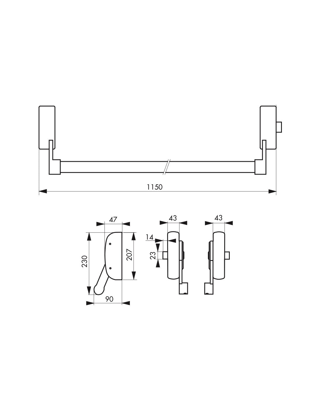 Serratura maniglione antipanico 1 punto laterale reversibile laccata nera porta max 1150 mm - THIRARD