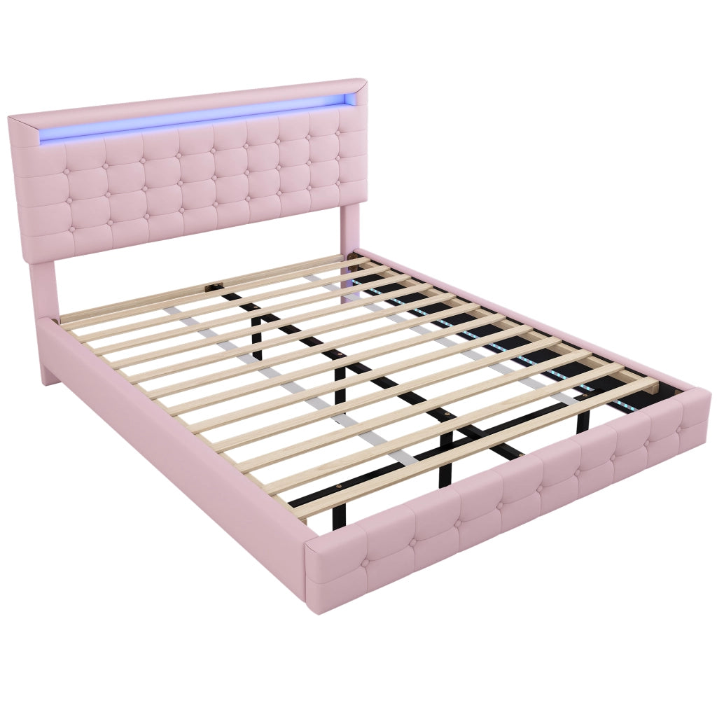 Letto flottante 140x200 cm in PU rosa con illuminazione LED e testiera regolabile