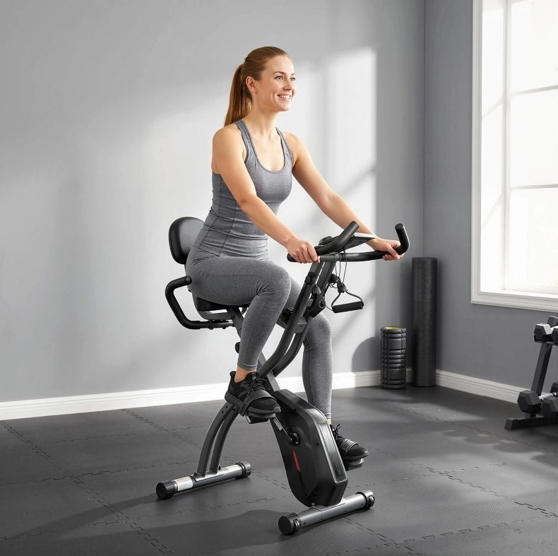 Cyclette pieghevole 3 in 1 con schienale, fasce elastiche e resistenza magnetica silenziosa