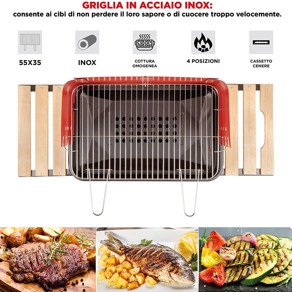 Barbecue Trolley a Carbonella con Ripiani Legno e Griglia Regolabile Portatile