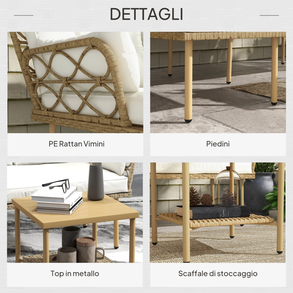 Set 3 Pezzi da Giardino con Chaise Longue Divanetto Cuscini e Tavolino in Rattan e Acciaio Bianco Crema e Legno
