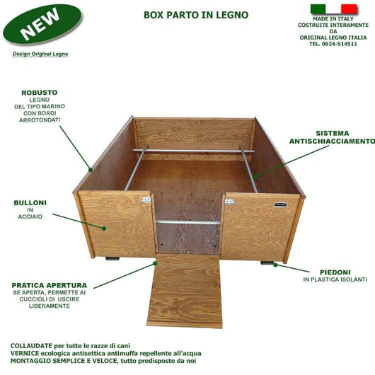 BOX PARTO IN LEGNO PER CANI MODELLO STANDARD L.100 x P.120 x H.40 100% FABBRICATO IN ITALIA - ORIGINAL LEGNO ITALIA