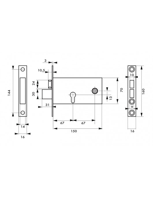 Serratura da incasso a cilindro per porta esterna, asse 67mm, piastra quadra - THIRARD