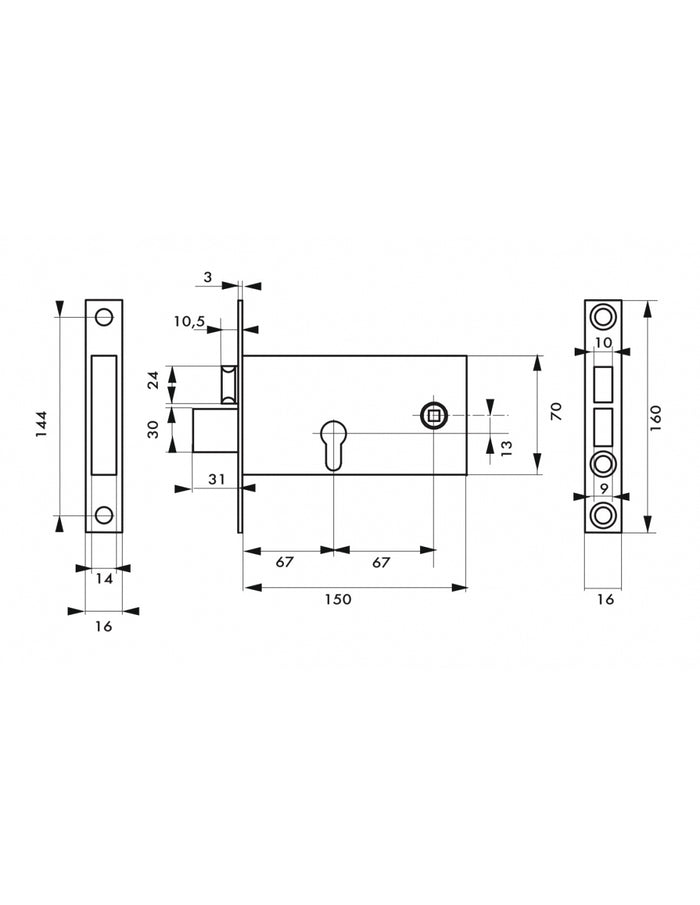 Serratura da incasso a cilindro per porta esterna, asse 67mm, piastra quadra - THIRARD