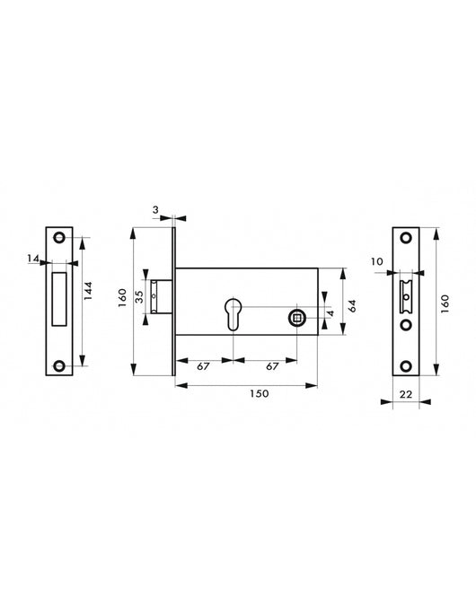 Serratura da incasso a cilindro per porta esterna, solo catenaccio, asse 67mm, piastra quadra - THIRARD