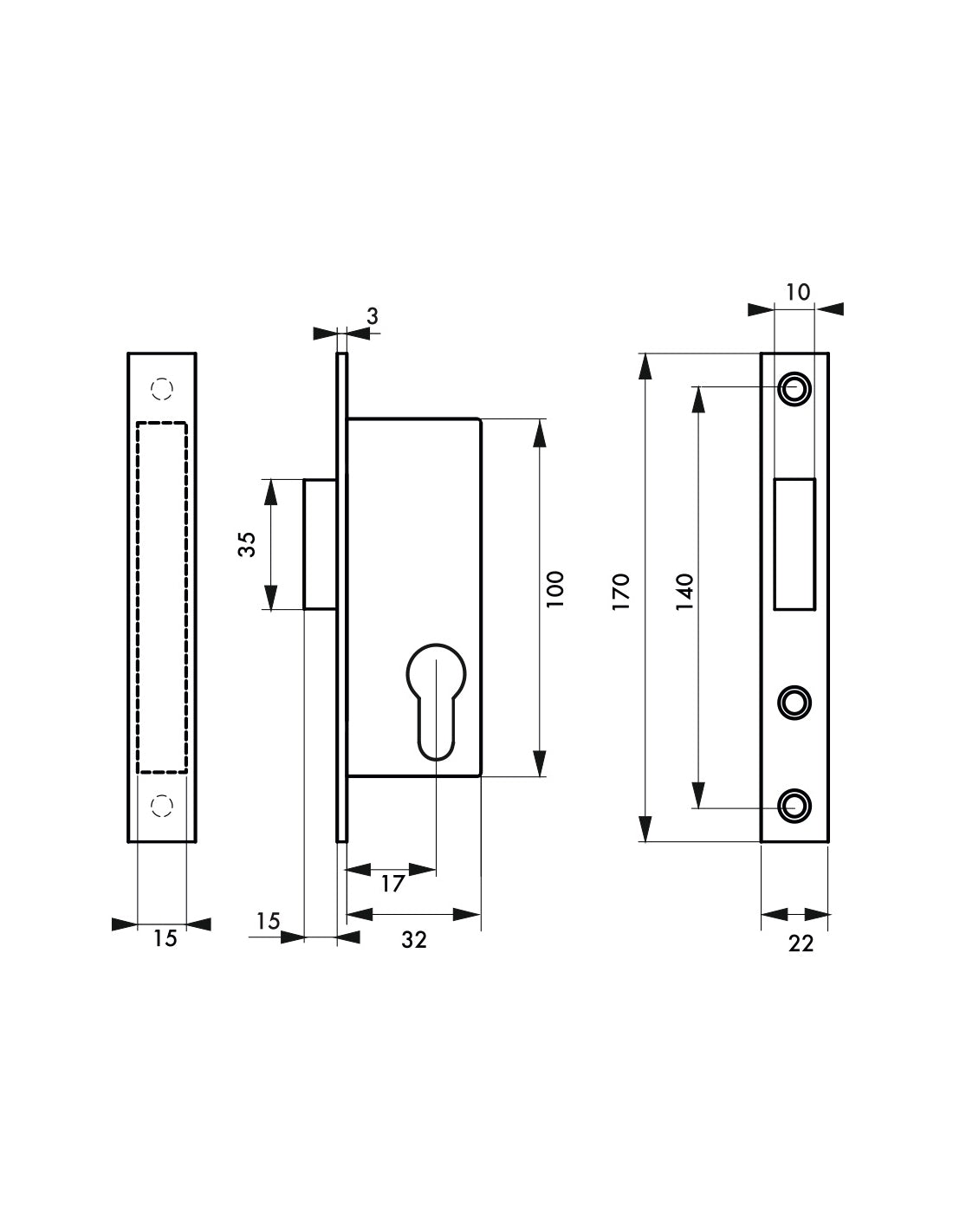 Serratura da incasso a cilindro per porta esterna, asse 17mm, piastra quadra, solo catenaccio - THIRARD