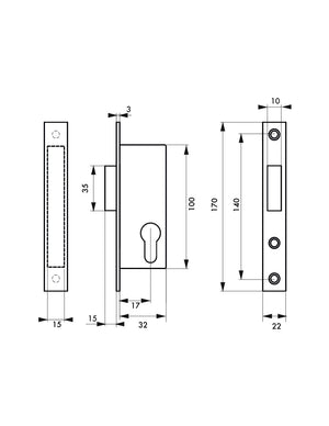 Serratura da incasso a cilindro per porta esterna, asse 17mm, piastra quadra, solo catenaccio - THIRARD