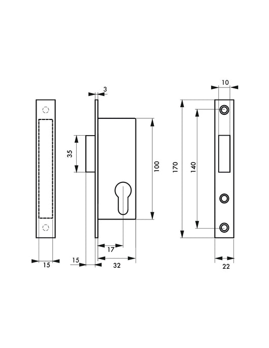 Serratura da incasso a cilindro per porta esterna, asse 17mm, piastra quadra, solo catenaccio - THIRARD