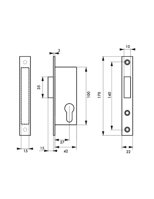 Serratura da incasso a cilindro per infissi metallici, asse 27mm, solo catenaccio, piastra quadra, inox - THIRARD
