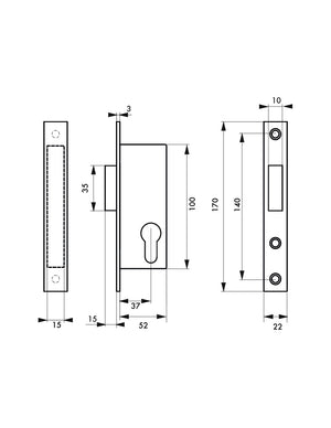 Serratura da incasso a cilindro per porta esterna, asse 37mm, piastra quadra, solo catenaccio- THIRARD