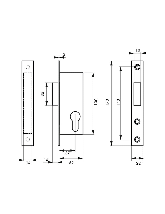 Serratura da incasso a cilindro per porta esterna, asse 37mm, piastra quadra, solo catenaccio- THIRARD