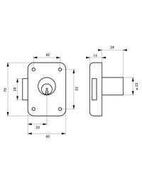 Serratura per mobile, mobilio, destra, asse 35mm, 70x60mm, nero, 3 chiavi - THIRARD