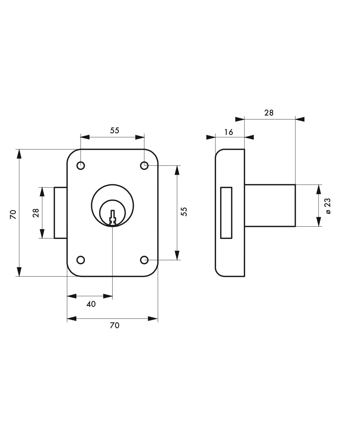 Serratura per mobile, mobilio, sinistra, asse 40mm, 70x70mm, nero, 3 chiavi - THIRARD