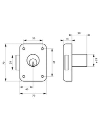 Serratura per mobile, mobilio, sinistra, asse 40mm, 70x70mm, nero, 3 chiavi - THIRARD