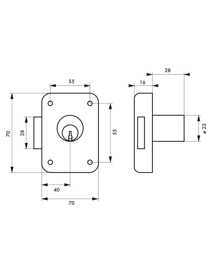 Serratura per mobile, mobilio, sinistra, asse 40mm, 70x70mm, nero, 3 chiavi - THIRARD