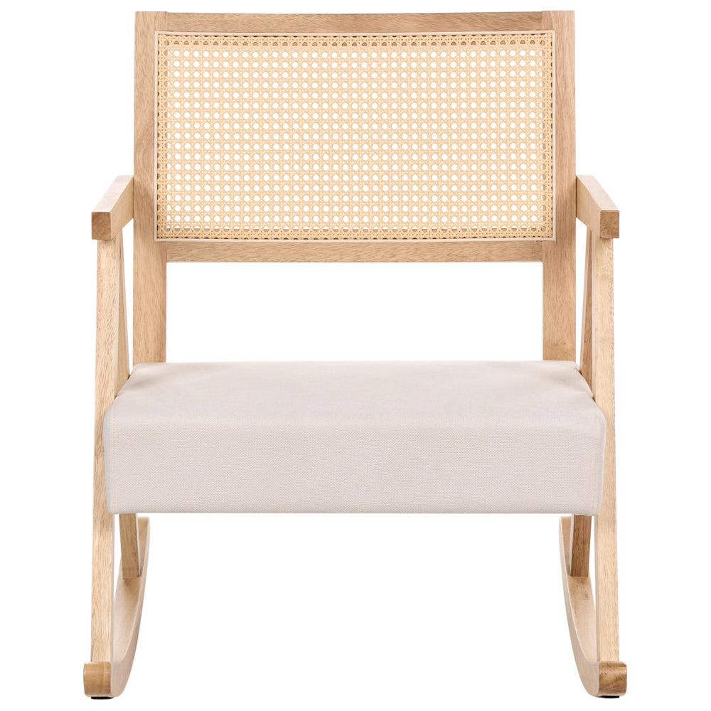 Poltrona a dondolo imbottita con schienale Vienna stile scandinavo struttura in legno di gomma tessuto marrone chiaro e beige chiaro