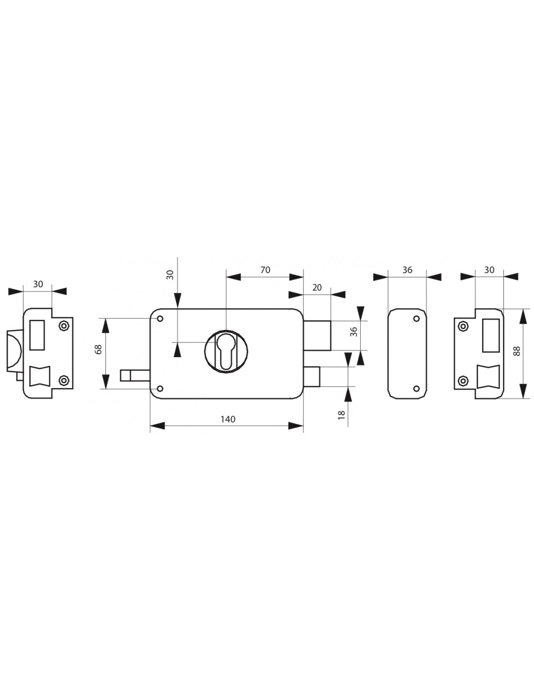 Serratura orizzontale da applicare doppio cilindro a tirante per porta d'ingresso, destra, asse 60mm, 140x88mm, nero - THIRARD