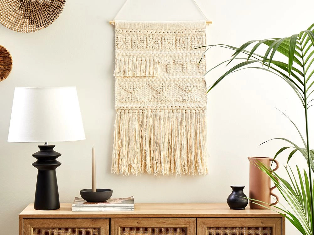 Decorazioni da parete in cotone beige nappa fatta a mano arte della parete motivo geometrico boho per soggiorno camera da letto camera dei bambini