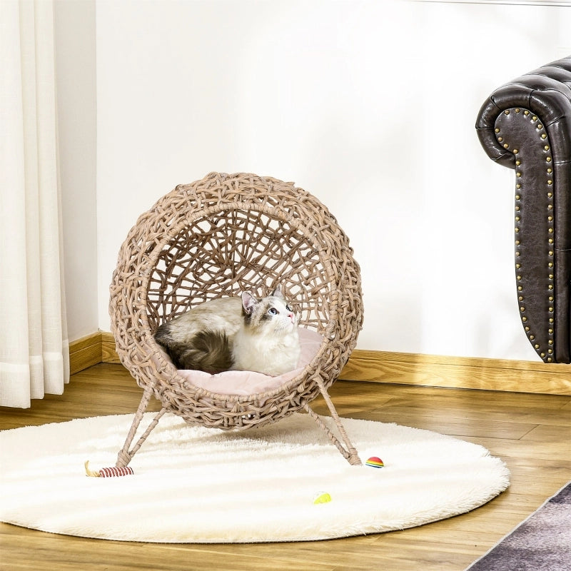 Casetta per gatti in rattan con cuscino, cuccia, grotta per gatti con piedini rialzati, naturale, ?52 x 58 cm