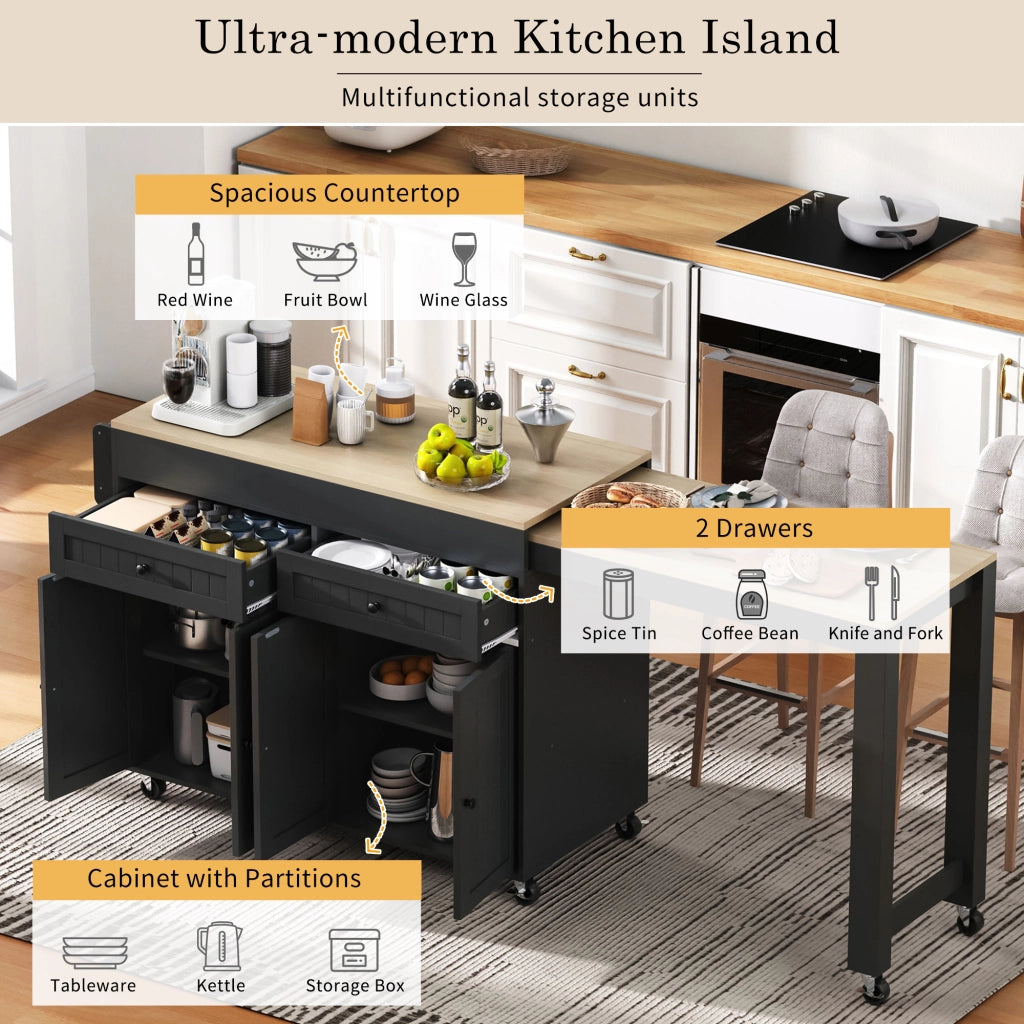 OKWISH Carrello da Cucina con Cassetto, Ripiano, Piano Estensibile e Ruote con Freno, per Cucina, Nero e Naturale