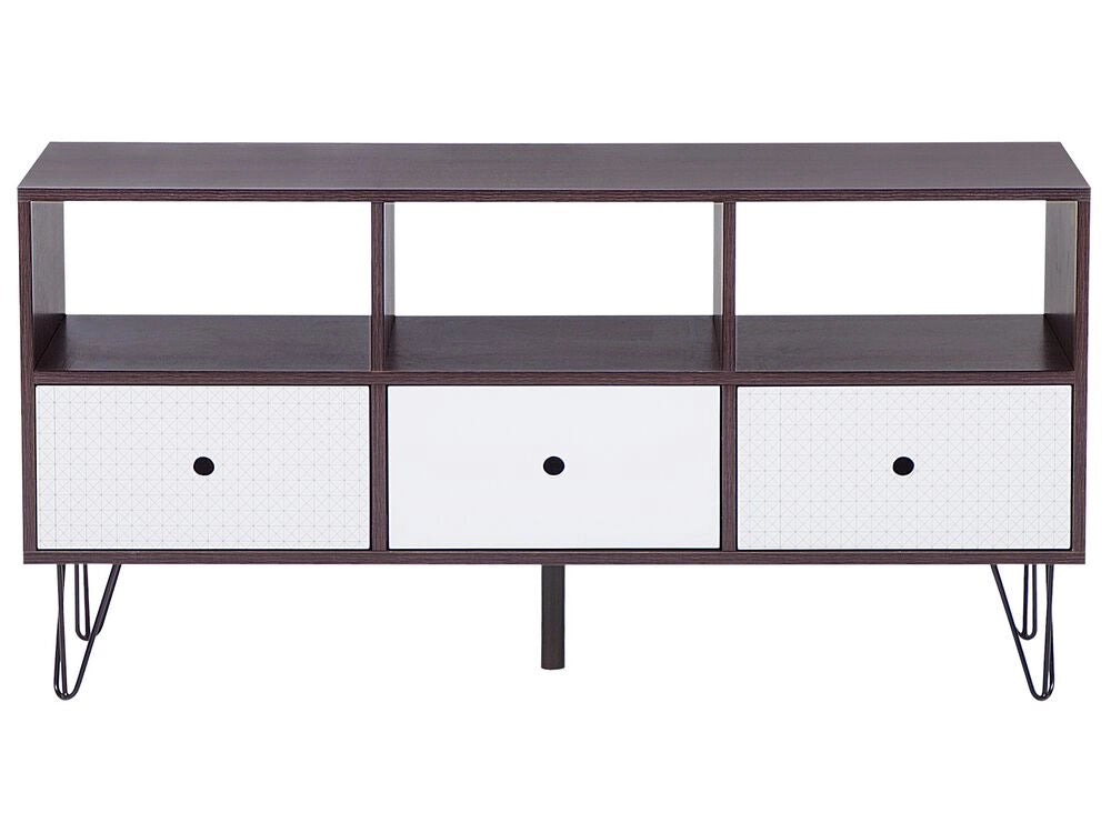 Mobile TV in legno scuro con bianco per TV fino a 50ʺ con ripiani a 3 cassetti