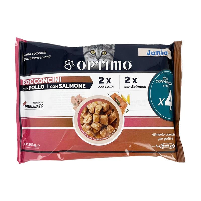 OPTIMO JUNIOR PER GATTI BOCCONCINI X2 POLLO 2X SALMONE ALIMENTO PRELIBATO SENZA COLORANTI SENZA CONSERVANTI 4X100 G