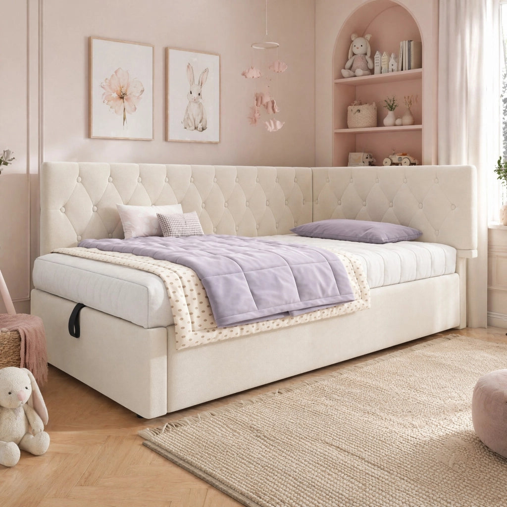 LETTO Divano 90x200 cm con contenitore idraulico in velluto beige