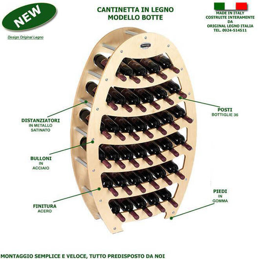 CANTINETTA IN LEGNO PORTA BOTTIGLIE VINO MODELLO BOTTE 36 BOTTIGLIE FINITURA ACERO L.75 x P,25 x H.120 100% FABBRICATO IN ITALIA