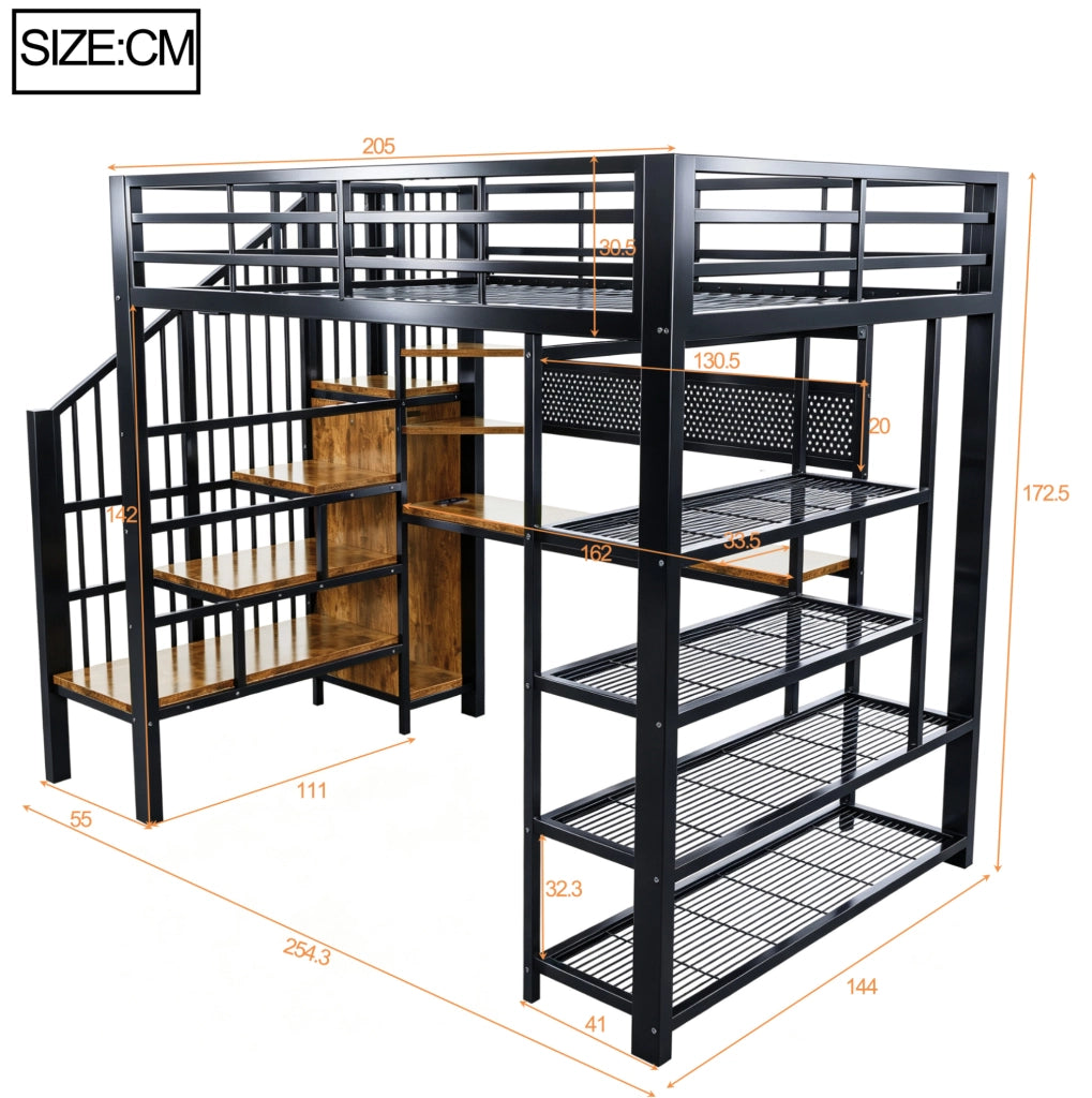 Letto a soppalco multifunzione 140 x 200 cm in metallo e legno; nero; con scala contenitore; LED e prese