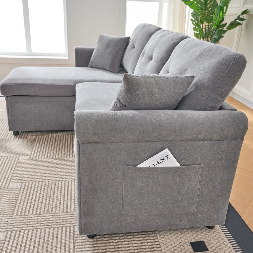 Divano angolare convertibile con contenitore funzione letto e chaise longue reversibile in chenille grigio