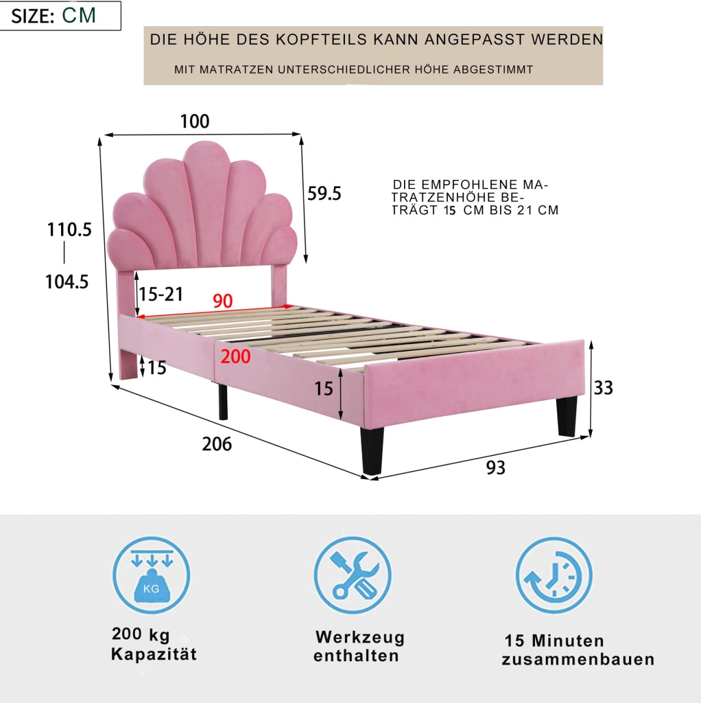 Letto imbottito 90x200 cm con testiera a forma di fiore; velluto rosa e rete a doghe