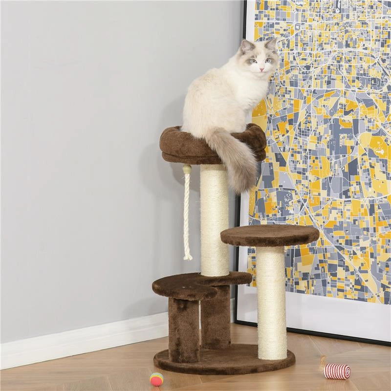 ALBERO TIRAGRAFFI PER GATTI A 3 LIVELLI CON LETTINO IN PELUCHE E PALI IN SISAL Ï40X65 CM MARRONE