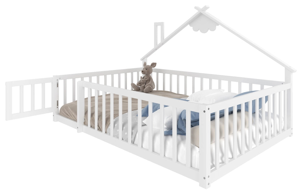 Letto casetta per bambini 140x190 cm in pino e MDF; bianco; con sponda di sicurezza