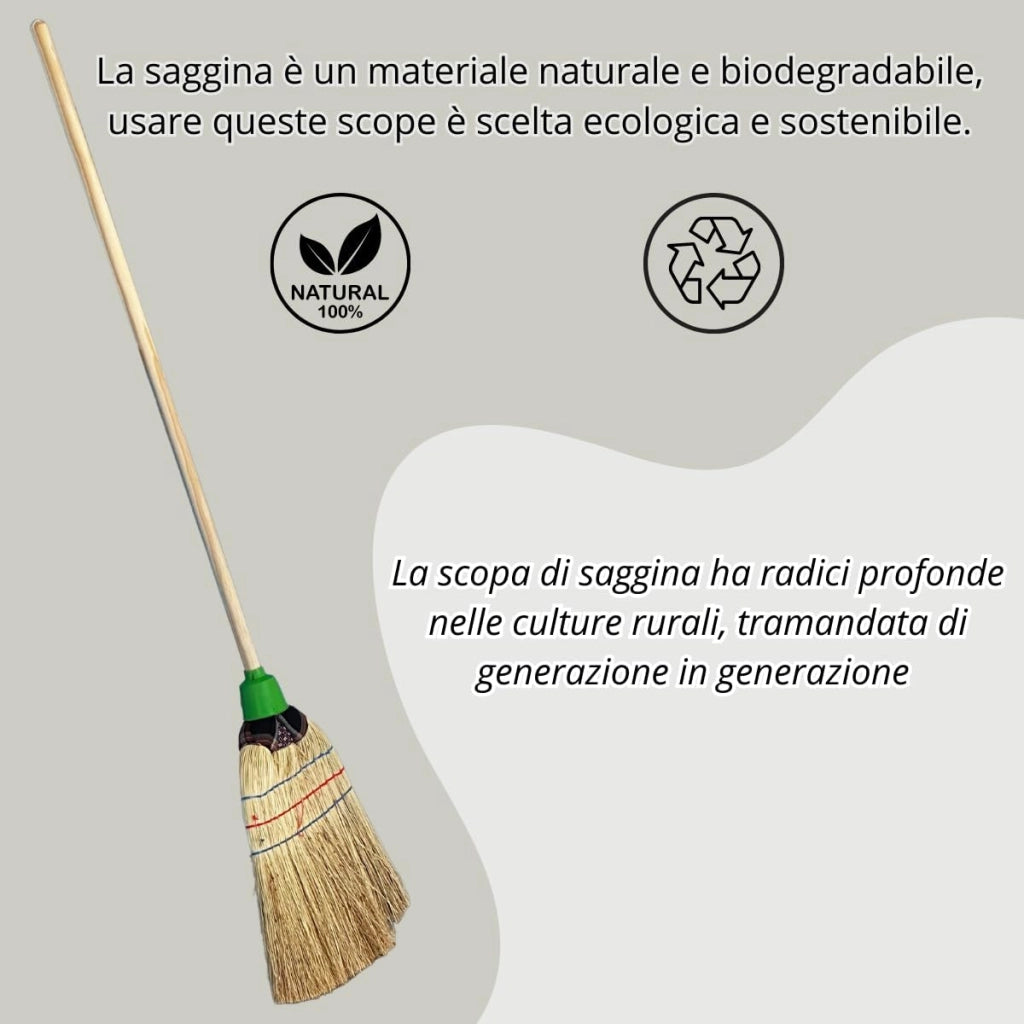 Scopa Saggina con Paletta in Ferro zincato, Set Pulizia per Cortile Esterno, Giardino, Garage, Portico