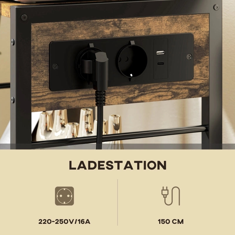 Supporto per stampante a 3 ripiani con prese USB e USB-C su ruote bloccabili marrone rustico 42 × 28 × 64.5 cm