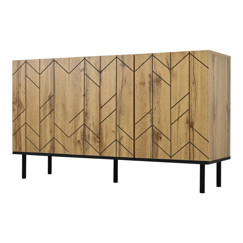 Credenza, mobile a tre ante, pannelli in truciolato, gambe di sostegno in metallo, colore legno naturale